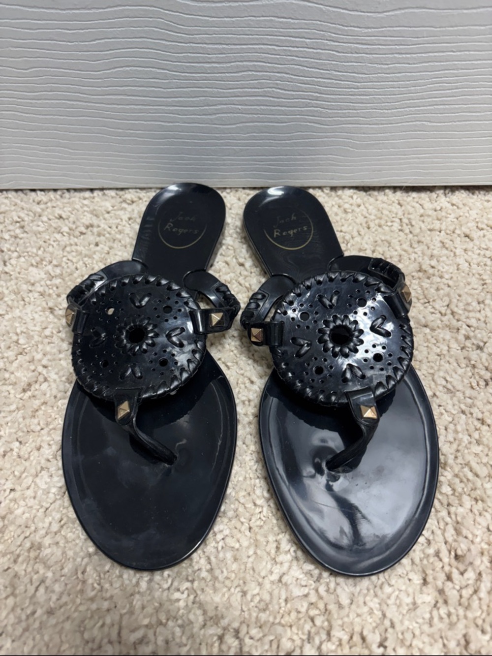 Jack Rogers Black Jellies- Round Medallion Stud Thong Sandals
